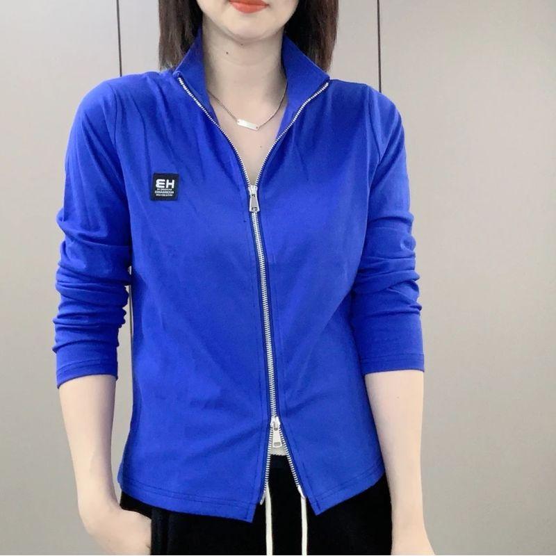 

Double Zipper Stand Collar Solid Color Slim-Fit All-Match Long-Sleeve T-shirt Blue Long sleeves L