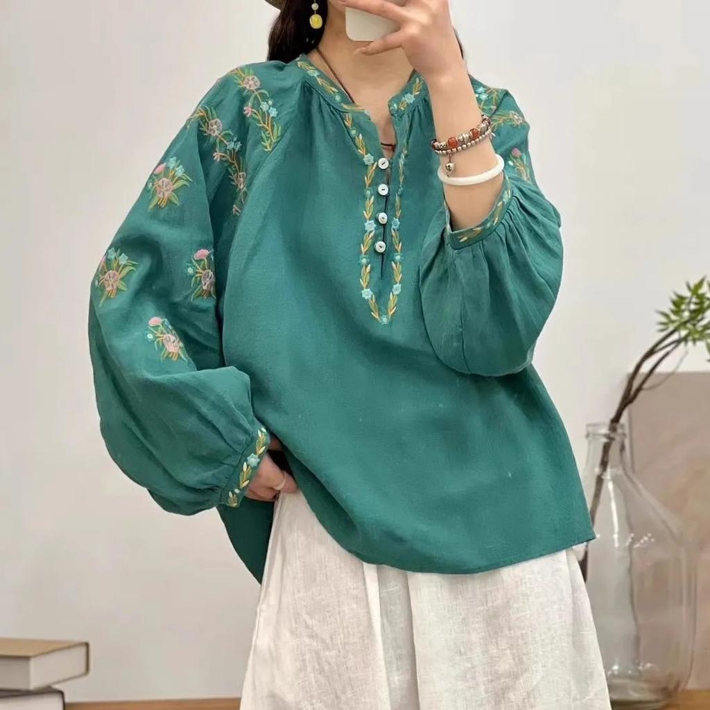 Spring New V-Neck Half Cardigan Button Heavy Industry Embroidered Cotton and Linen Mori Top
