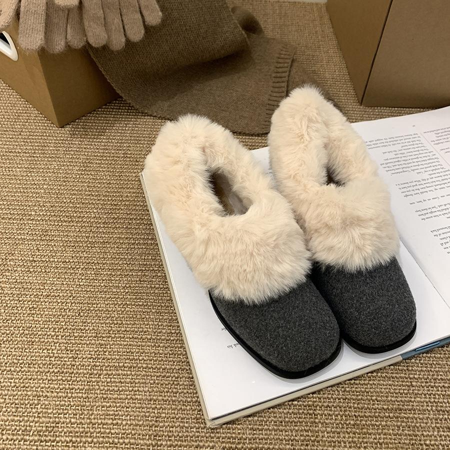 Thick heel square head gentle fluffy shoes women's winter new French gray with skirt fairy temperament velvet warm cotton shoes