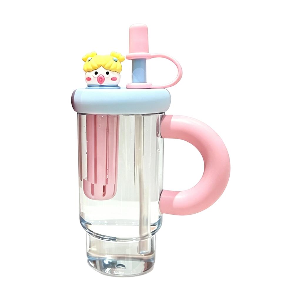 Double Layer Straw Cup with Cartoon Lid Handle Heat Resistant Leak Proof Reusable Water Bottle Cute Doll Handle Insulated Tumbler