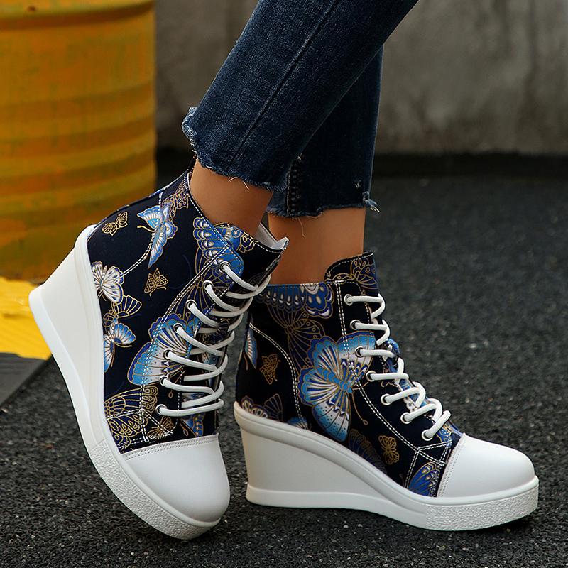 Fashion Fashion Butterfly Print Wedge Sneakers for Women Lightweight High Top Canvas Shoes Woman Comfort Lace Up Casual Walking Shoes