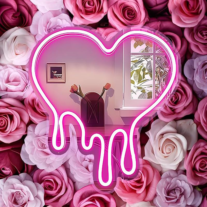 Beauty Neon Mirror Sign for Wall Decor USB Powered LED Pink Neon Light Heart Neon Light Signs for Girl's Room Bedroom Salon Decor Wedding Birthday