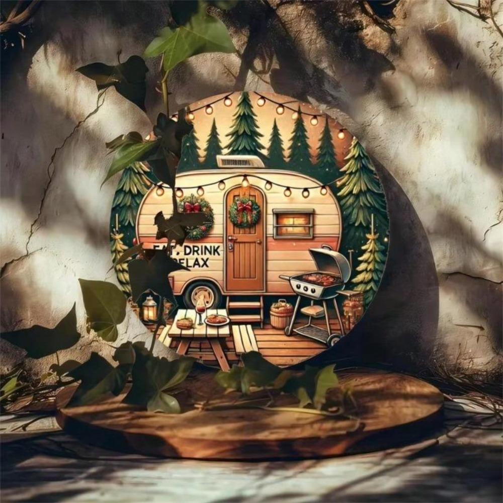 Vintage Metal Tin Sign Rustic Camping Car Wall Decor 8 Inch Round Retro Home Art
