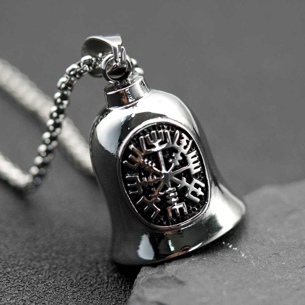 Stainless Steel Viking Motorcycle Pendant Gothic Punk Biker Jewelry for Men with Exorcism Bell