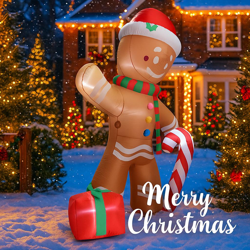 7.87FT Inflatable Gingerbread Man Christmas Home Decoration LED Xmas Yard Party Ornament Candy Cane Festive Gift Toy Supplies