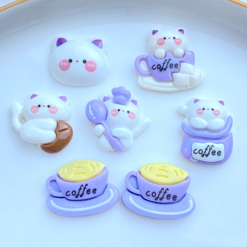 10Pcs New Cute Resin Mixed Cat Coffee Series Flat Back Fit Phone Deco Parts Embellishments For Hair Bows Accessories