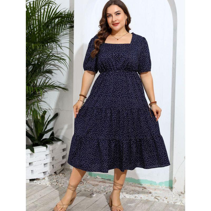 

Women Big Size XL-4XL Summer Square-neck Loose Ladies Dress Dark Blue 4XL