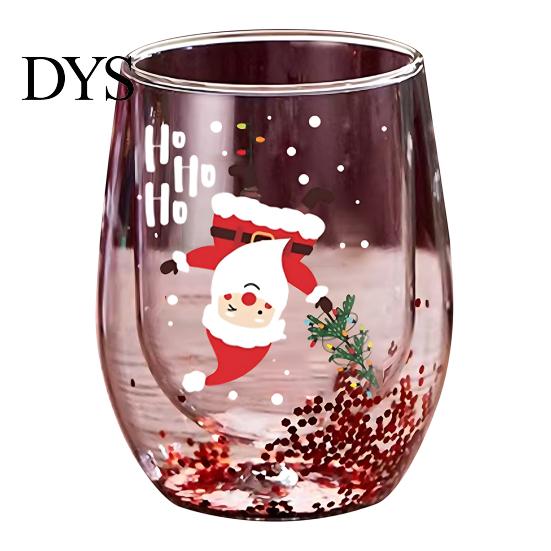 Klarer Borosilikatglasbehälter Doppelwandiger Glasbecher, mit Dekorationen im Stil von Weihnachtsmann/kleinem Baum/Stapel/Tasche, Geschirr für Familientreffen Treibsand