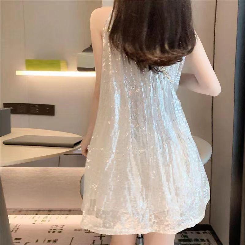 Flitrové šaty s kulatým výstřihem Dámské Odhalená ramena Volné a tenké Malý temperament High-end Bez rukávů Vesta Sukně Dlouhé šaty