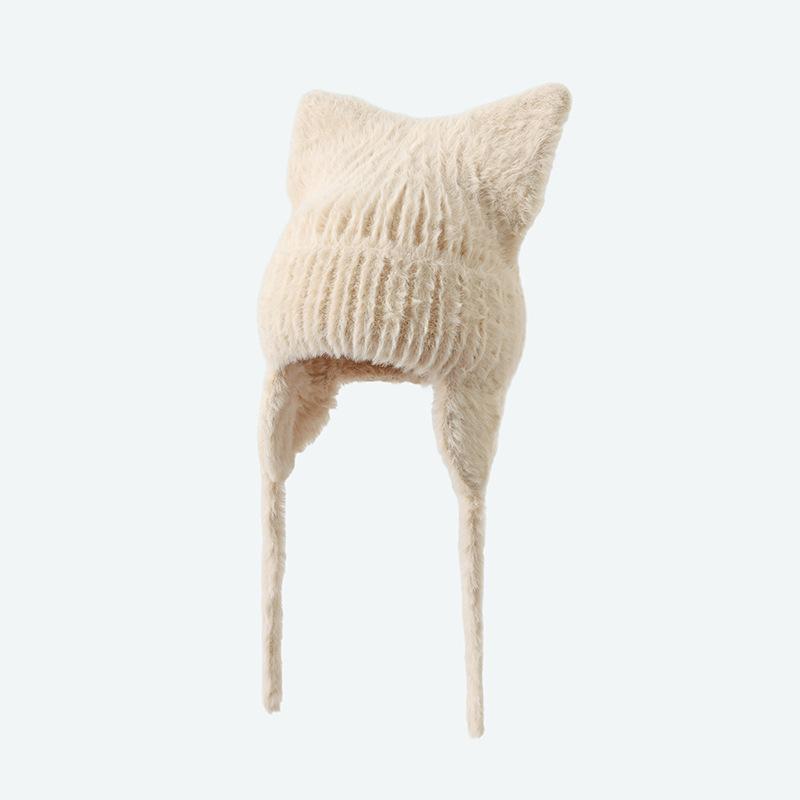 Korean New Hat for Women's Autumn and Winter Solid Color Knitted Wool Hat Cute Cat Ears Winter Warm Ear Protection Hat