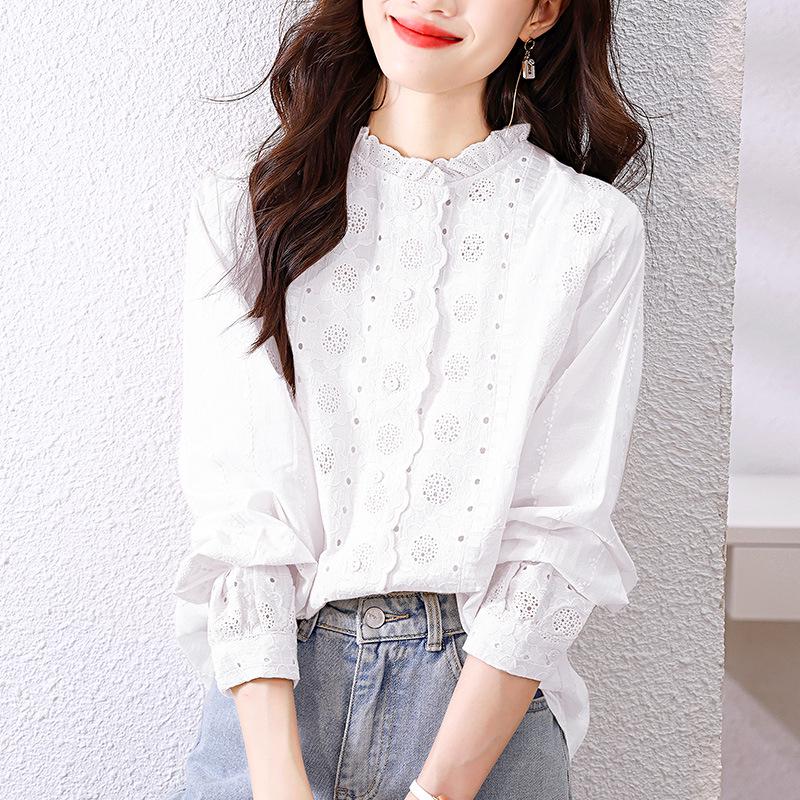 Apricot Women s Long Sleeve Shirt with Lace Trim Collar and Embroidered Flowers - Spring 2026 Design M белый