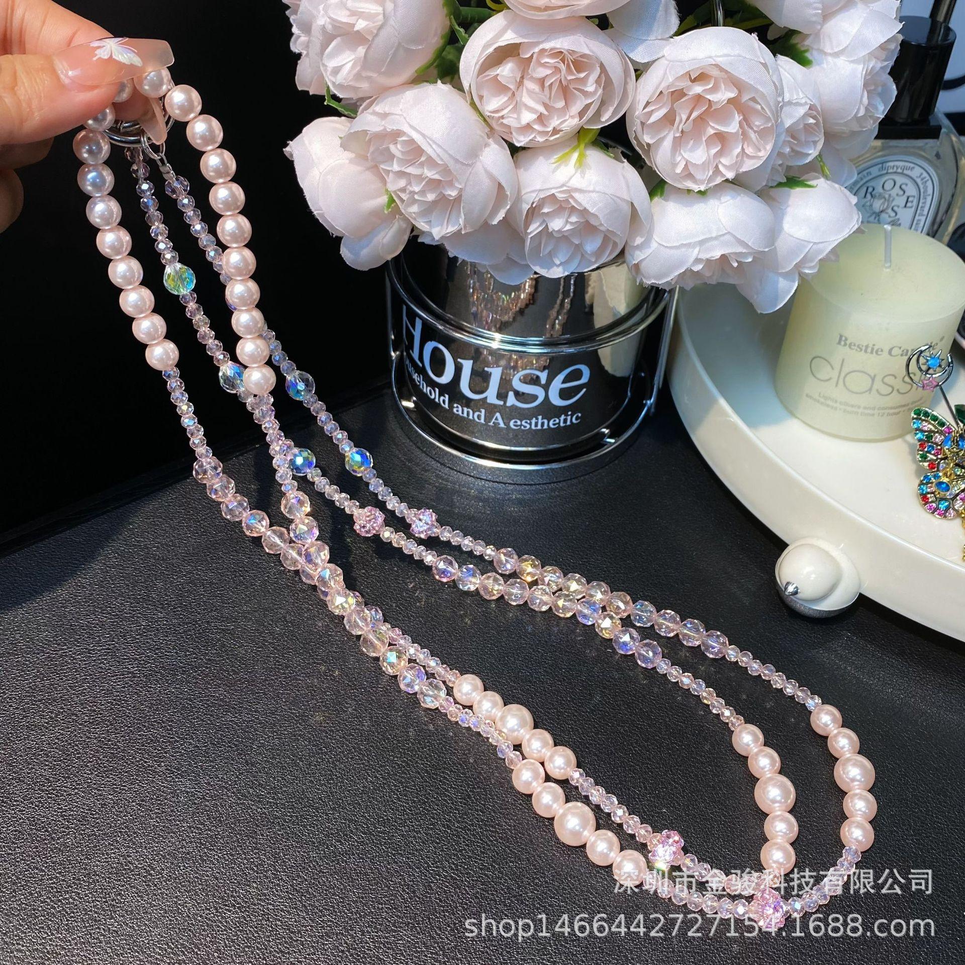 Phone Chain Crossbody High-End Feel Dahua Pearl Long Crystal Zircon Beaded Hanging Chain Phone Case Chain Rope Wholesale