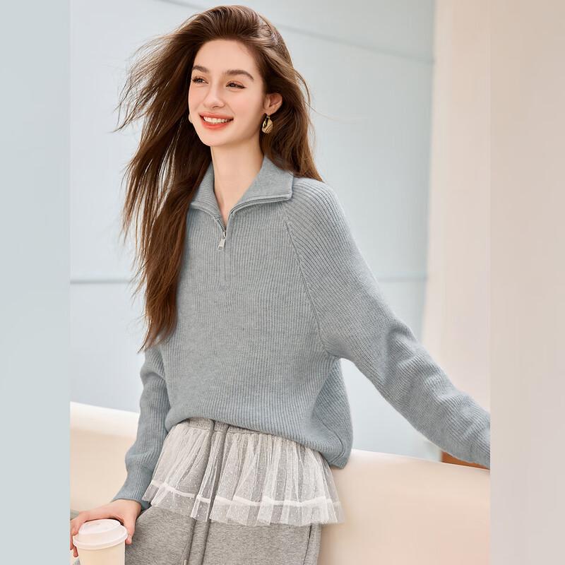 Bailuyu Damen Strickpullover mit Revers und halbem Reißverschluss