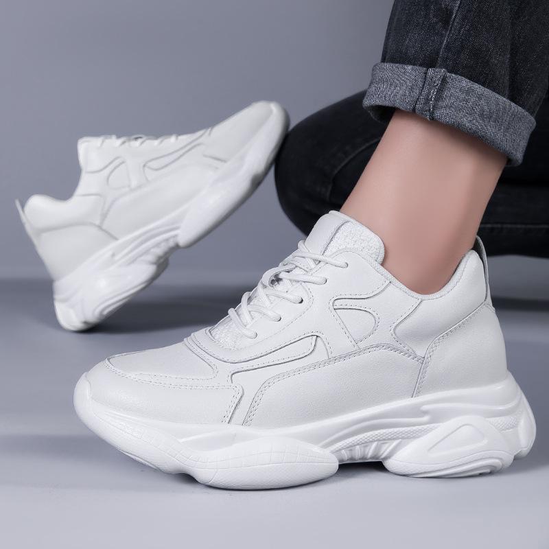Men's 8CM Height-Increasing Thick Sole Casual Dad Sneakers - Trendy, Versatile White Genuine Cowhide Shoes