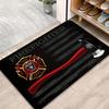 Firefighter Doormat Black Wood Grain Flannel Rug, Fire Department Emblem Non-Slip Machine Washable Door Carpet for Decor