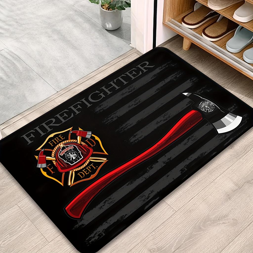 Firefighter Doormat Black Wood Grain Flannel Rug, Fire Department Emblem Non-Slip Machine Washable Door Carpet for Decor