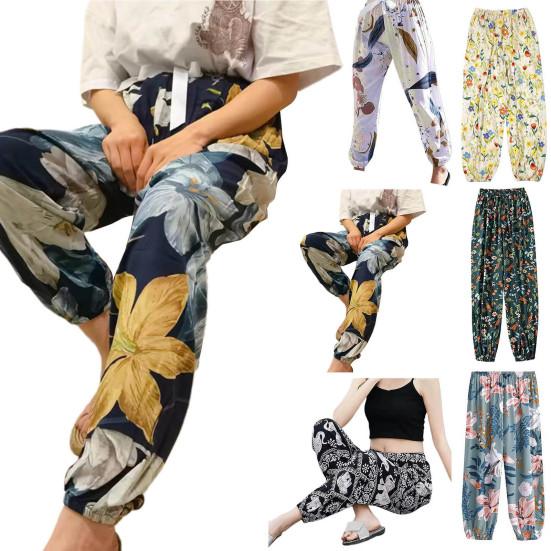 Pantaloni estivi da donna Pantaloni larghi con coulisse in vita elastica Pantaloni da spiaggia con stampa floreale Pantaloni casual da viaggio per il tempo libero