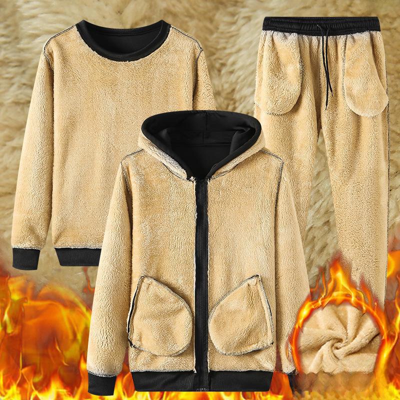 Tuta Sportiva Invernale da Uomo Taglie Forti in Pelle d'Agnello con Felpa con Cappuccio Foderata in Velluto e Pantaloni Casual