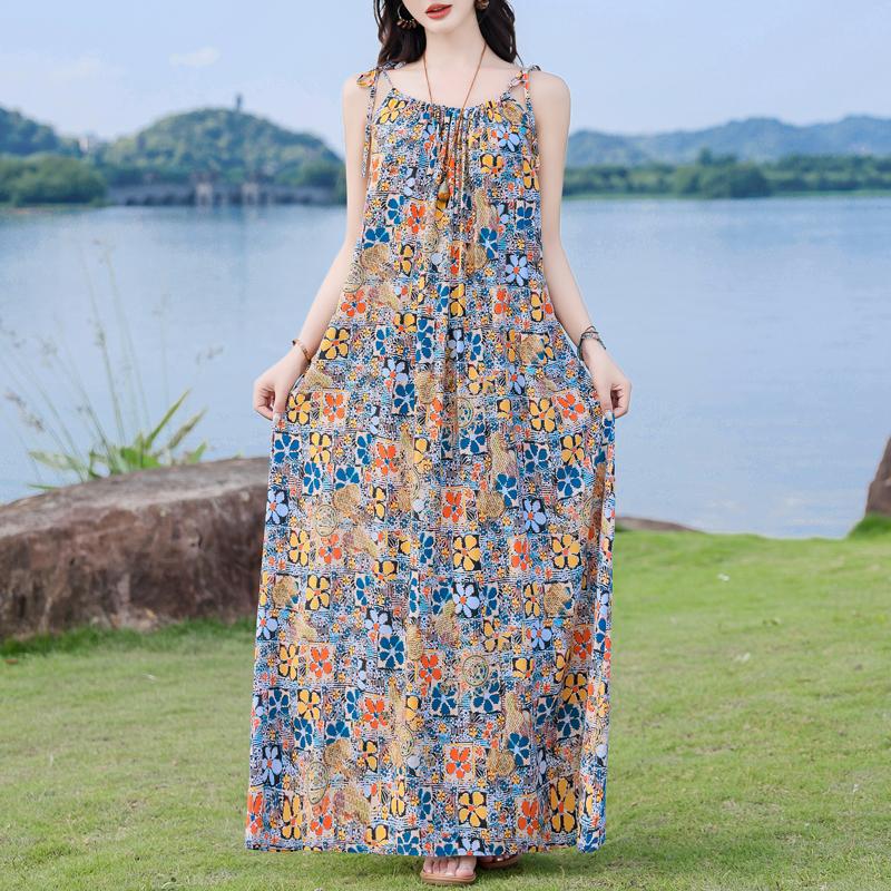 Elegant Woman Summer Strap Dress Plus Size Casual Loose Long Dress Female Vintage Clothes