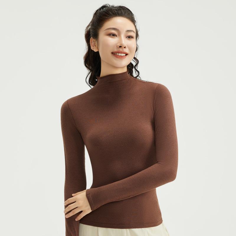 

Женский бесшовный кашемировый свитер с высоким воротом: 2024 Осень Базовый слой с длинным рукавом для спорта и йоги. Small какао коричневый