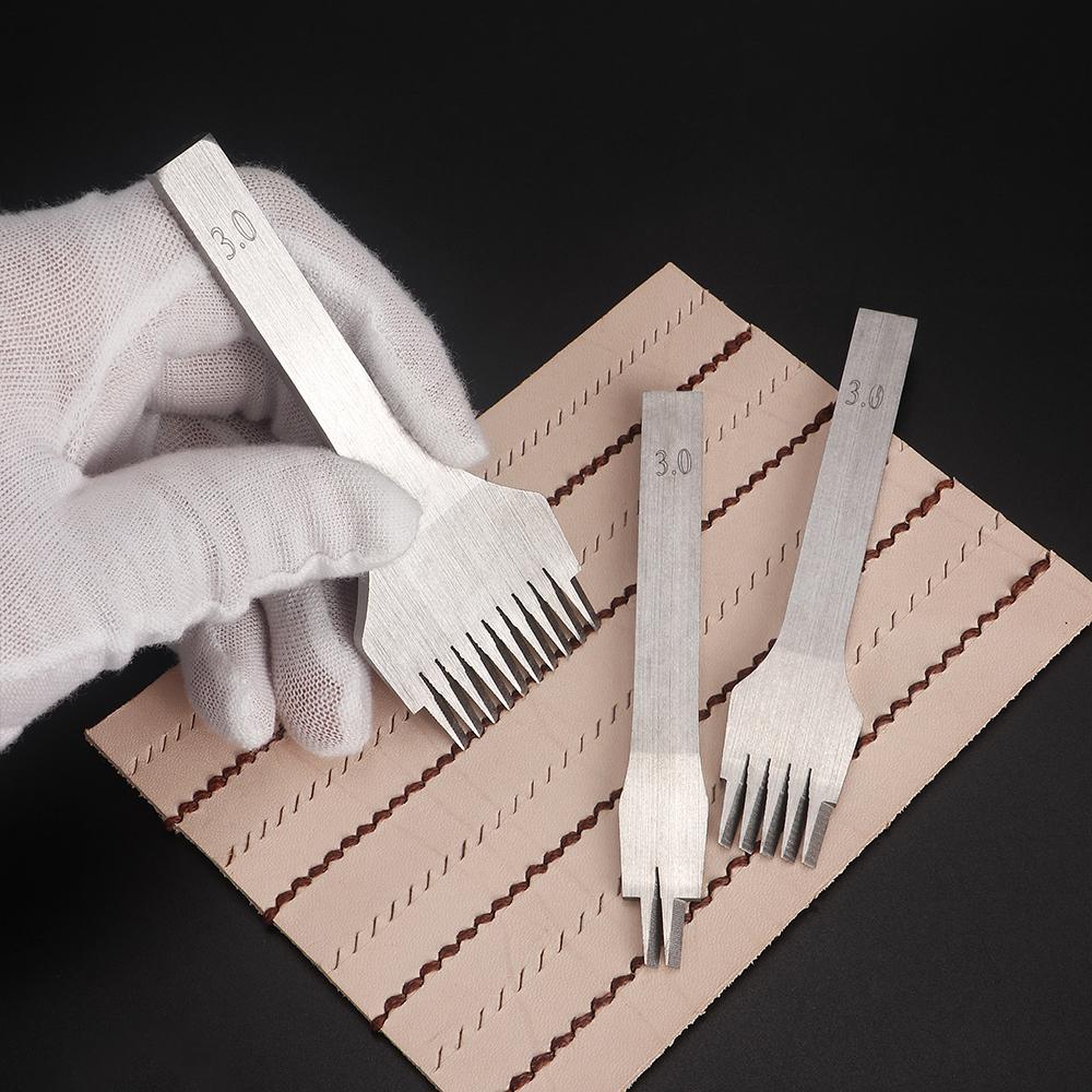 3Pcs 2.7/3.0/3.38/3.85mm Spacing 2/5/10 Teeth Leathercraft Stitching Oblique Flat Prong Chisel, DIY Craft Leather Punching Tools