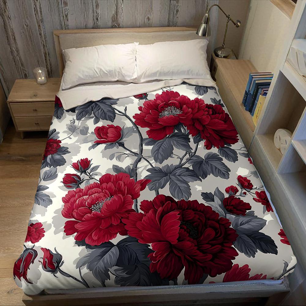 Crimson Peony Vine Flannel Blanket Warm Soft Halloween Christmas Couch Warm Cozy Decorative Decor Gift for All Season