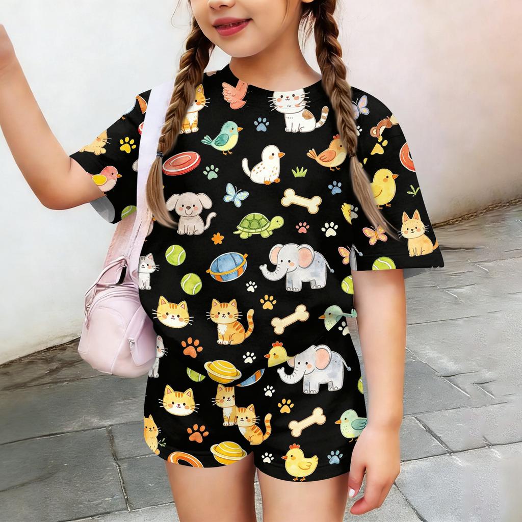 Kids Casual Short Sleeve Top and Shorts Set Animal Print Soft Comfortable Lightweight Summer Outfit for Boys and Girls