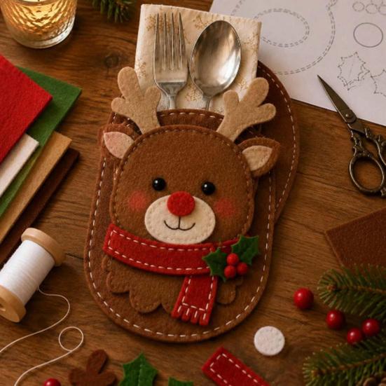 Christmas Cutlery Holder Felt DIY Kit, Holiday Flatware Pouch Craft Set, Handmade Utensil Sleeve for Dinner Table, Xmas Party