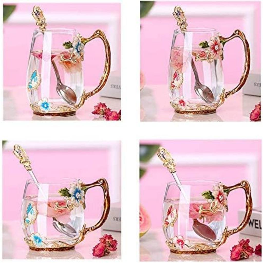 Handmade Enamel Butterfly Flower Glass Coffee Mugs Tea Cup with Spoon,Birthday Christmas Gifts for Her Women Mum Friends Teacher Valentines