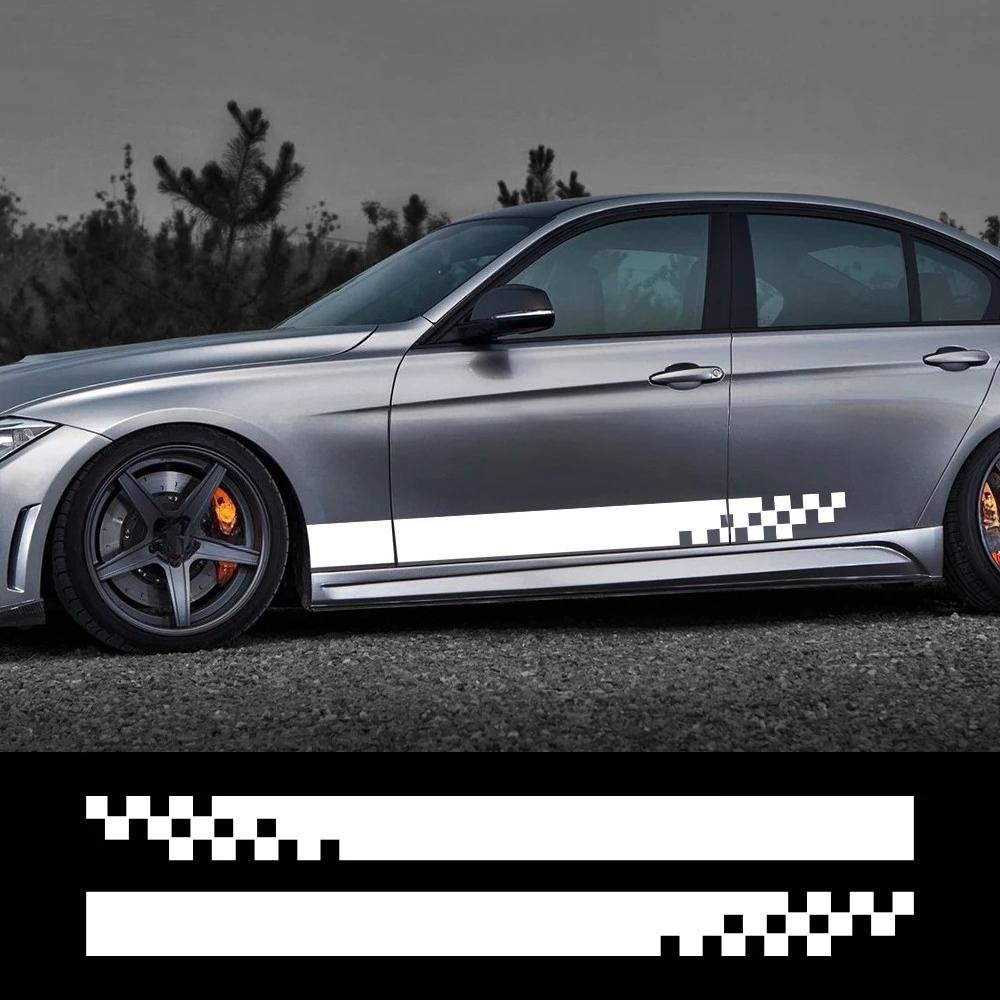 2PCS Car Side Skirt Stickers Sports Racing Stripes Car Grid Pattern Vinyl Decals Auto Body DIY Decoration Stickers Accessories