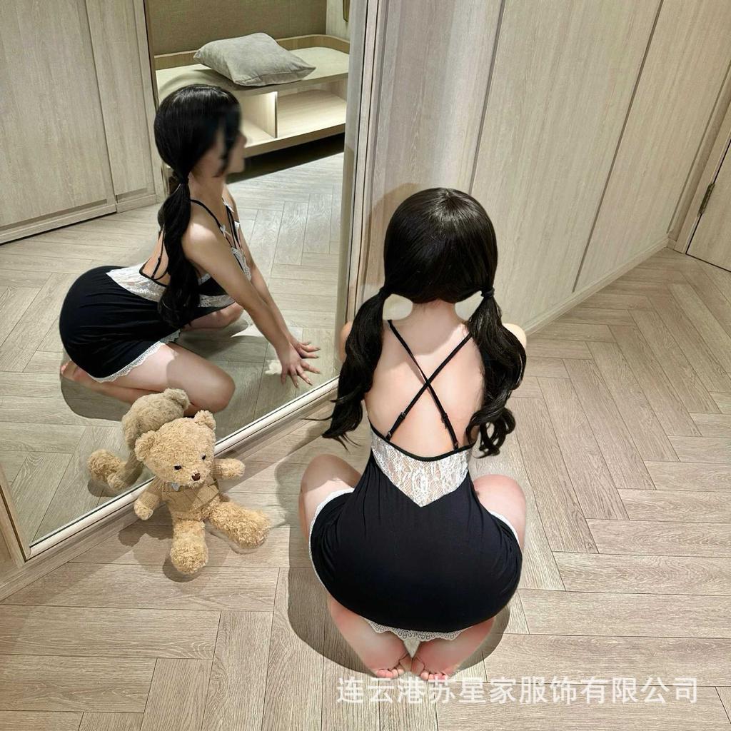 Home Large Size Sexy Underwear Deep V with Chest Pad Halter Lace Hip Wrap Nightdress Spice Girls Pure Desire Home