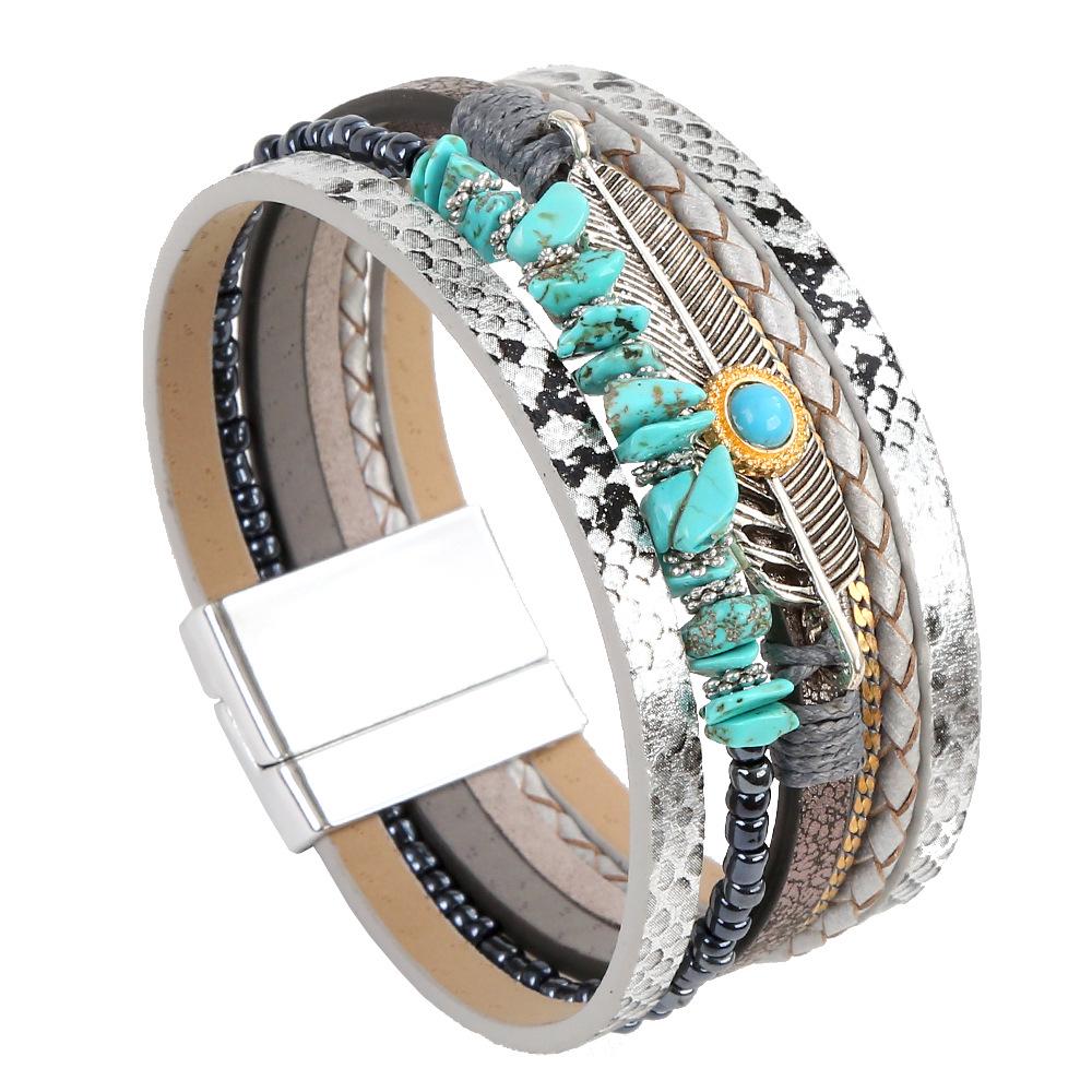 Korean Style Leather Bracelet with Feather & Turquoise for Women & Men