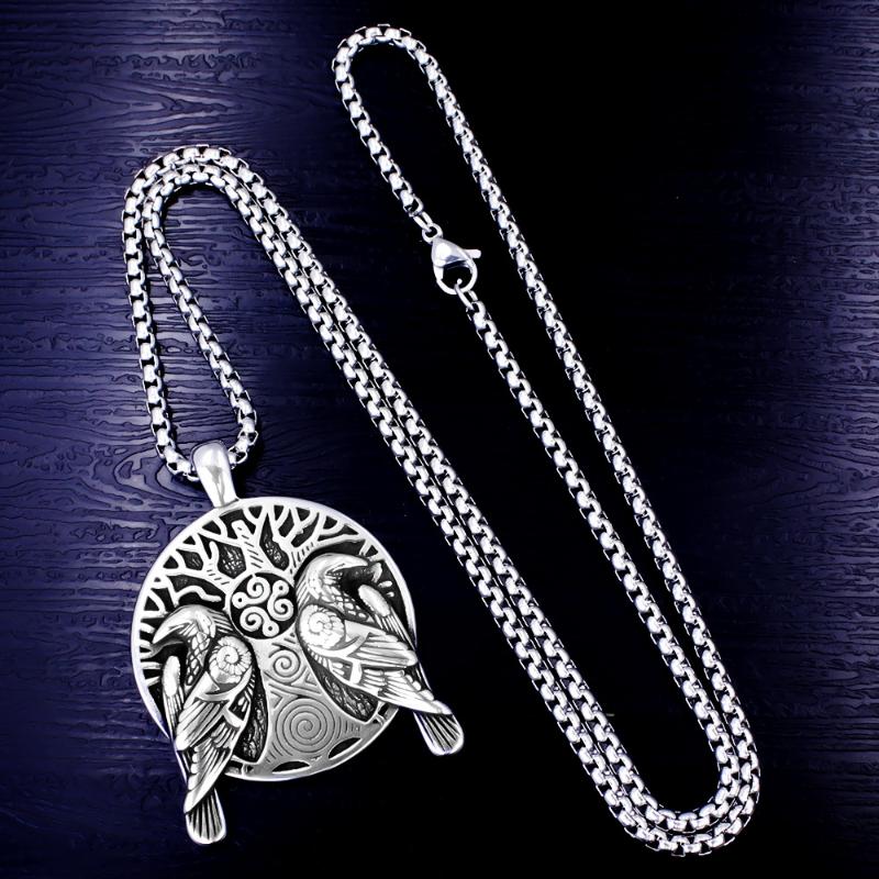 Retro Norse Mythology Double Raven Tree Of Life Pendant Necklace For Men Personality Charm Hip Hop Cool Casual Jewelry Gift