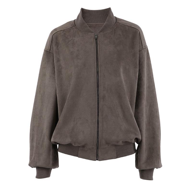 Giacca Bomber da Pilota da Donna Grigia Vintage con Collo Alto, Manica Lunga, Zip, in Pelle Scamosciata