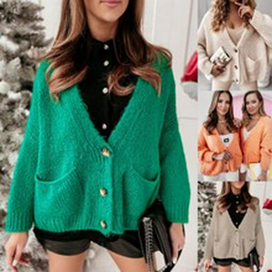 2025 Women's Mid-Length Thickened Lapel Pocket Knit Cardigan Sweater Coat