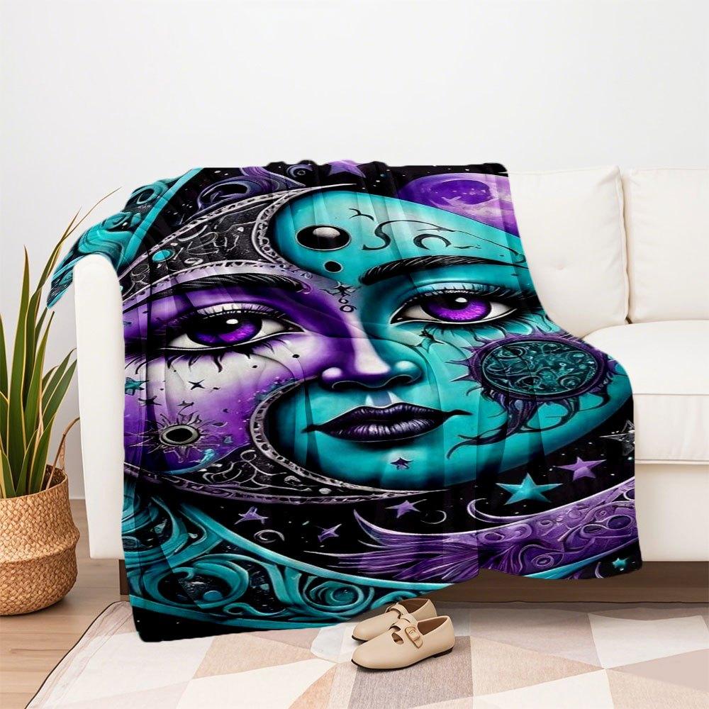 "Starry Night Moon Face Art Print - Celestial Wall Decor"Blanket Flannel Throw Blanket for Sofa, Bed, Travel, Camping, Office