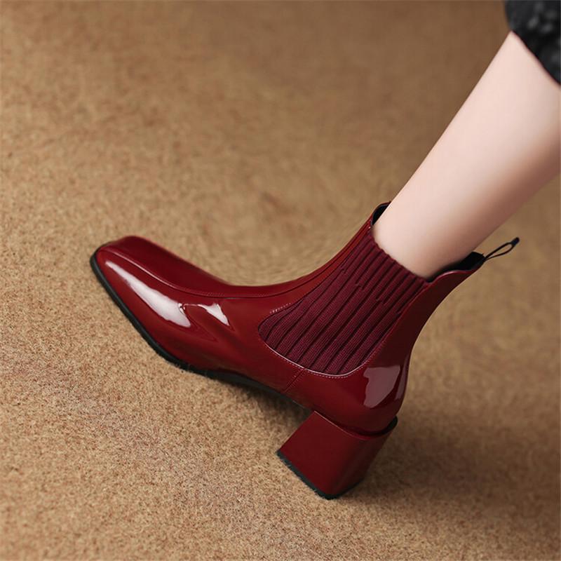 Mode Nouvelles Bottes d'Hiver en Cuir Verni pour Femmes, Bout Carré, Bottines Courtes de Mode, Bottes Chelsea Faites Main, Talons Hauts