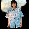 Casual Loose Fit Shirt for Women - Short Sleeve Cartoon Cat Printed Summer Top