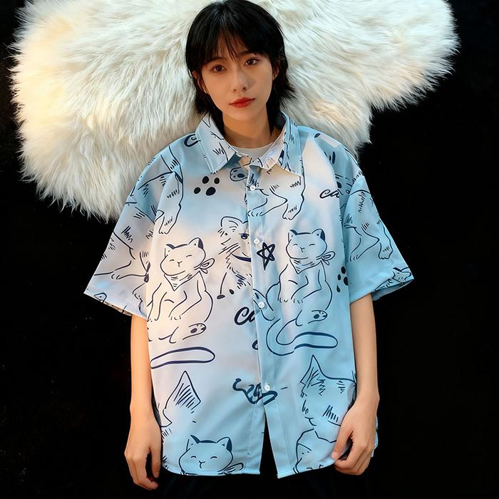 Casual Loose Fit Shirt for Women - Short Sleeve Cartoon Cat Printed Summer Top