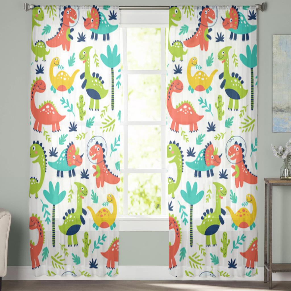 Söta Dinosaurier För Barn Tryck Skira Gardiner för Vardagsrum Transparent Tyll Fönstergardin Sovrum Kök Slöja Draperier