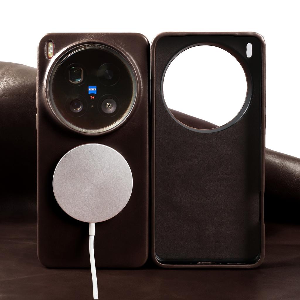 Para Capa Magsafe Para Vivo X200 Ultra X300 X100 X80 X90 Capa de Couro Genuíno de Couro Bovino com Cera de Óleo de Grão Integral Capas Magnéticas