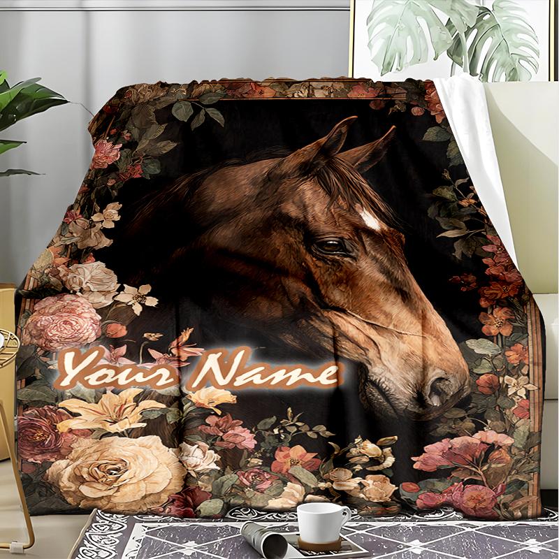 1PC Custom Name Horse Portrait Flowers Outdooor Flannel Blankets Patterns Throw Blanket All-Season Soft Gift for Couch, Bed, Camping Gifts
