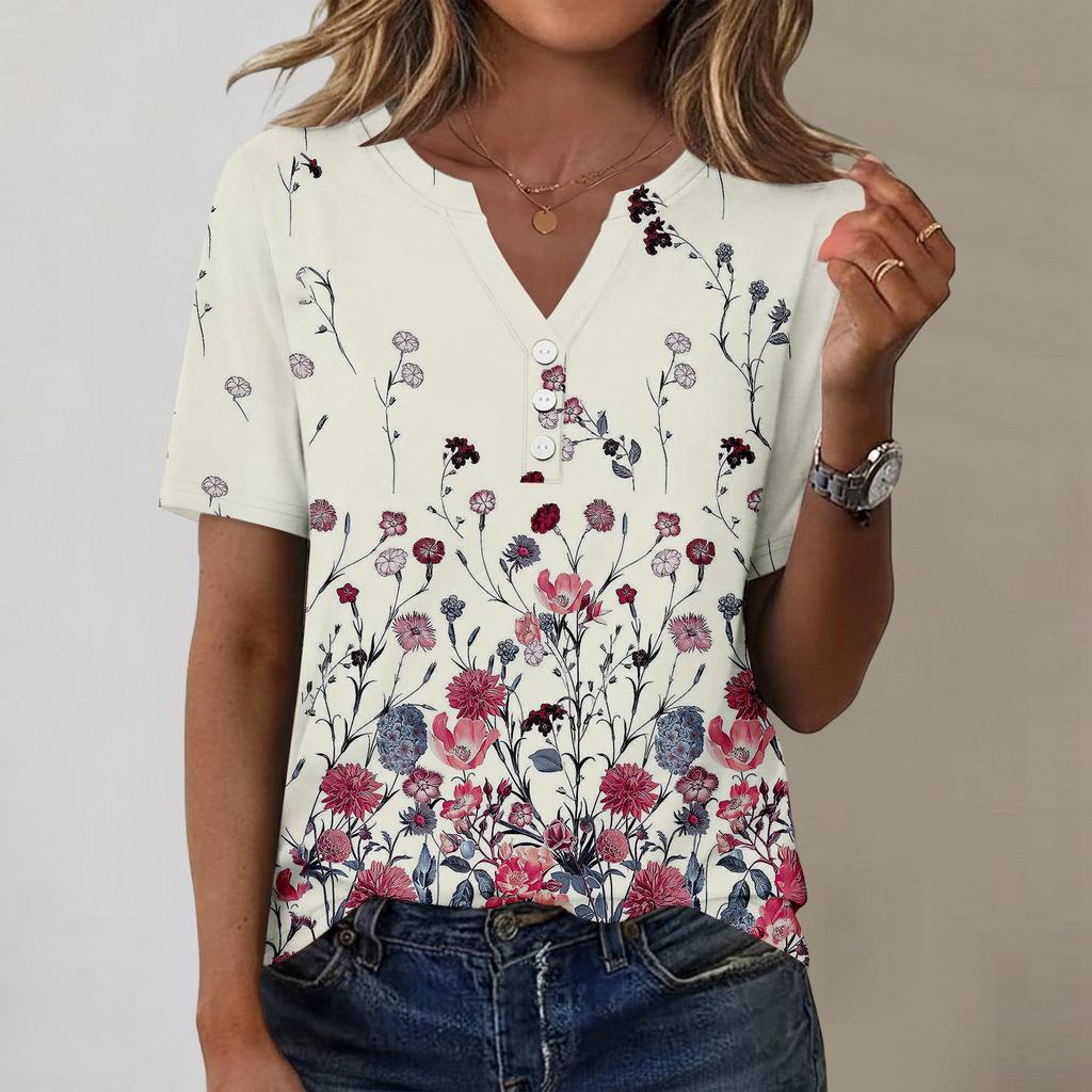 Women's Fashionable Casual Short-sleeved Retro Printed V-neck Top
