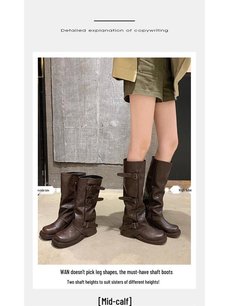 Traubenmama Modische Mid-Calf Ritterstiefel: Zwei Stile mit stilvoller Schnalle und plissiertem Design für Herbst/Winter