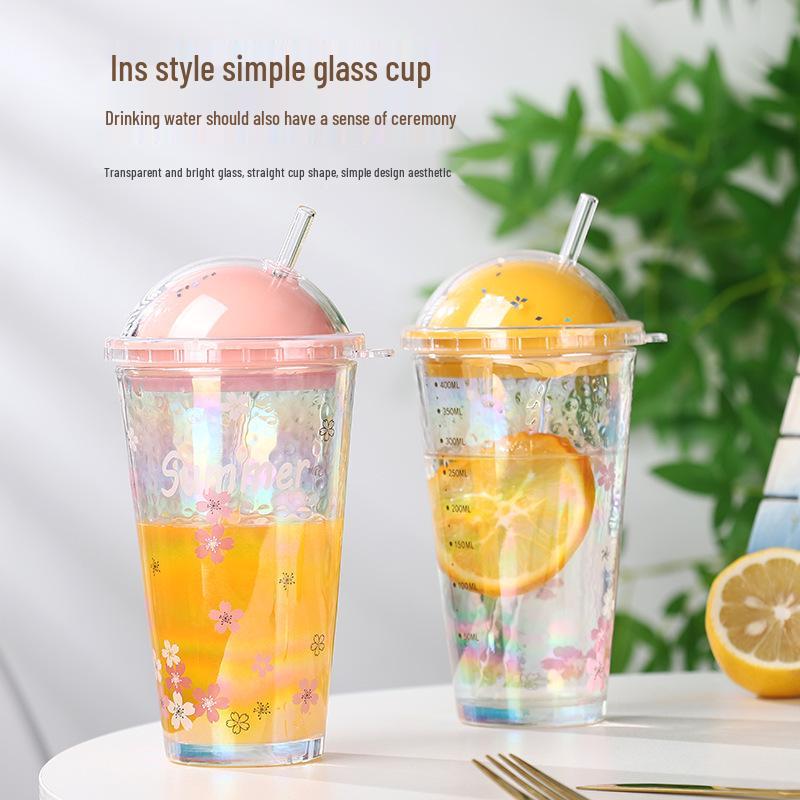 Stylish Cherry Blossom Starry Sky Glass Cup with Straw - Perfect Gift for Girls