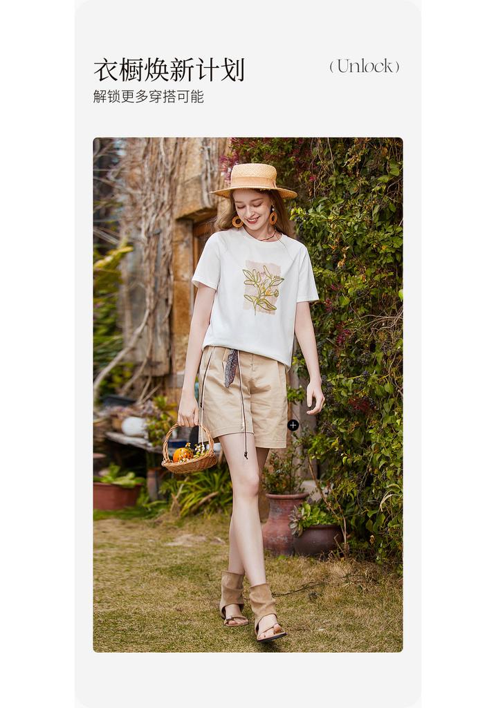 Cool and Antibacterial: Fragrant Shadow Embroidered Printed White T-shirt for Women, 2026 Summer New Round Neck Short Sleeve Cotton Top