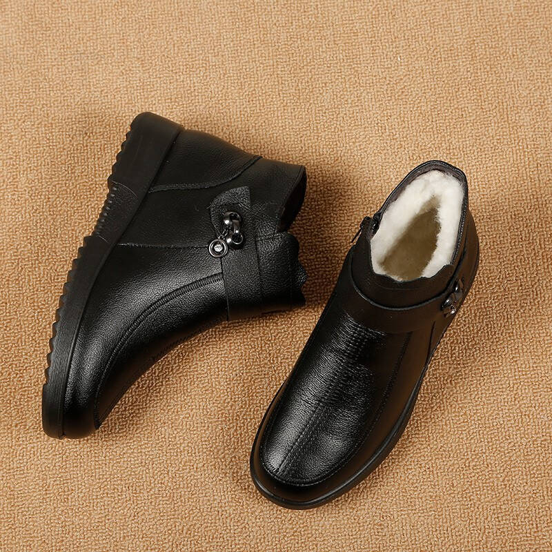 [Genuine Leather] Mom Cotton Shoes Women's Winter Velvet Warm Short Boots Flat-soled Soft-soled Leather Boots Women's Middle-aged and Elderly Snow