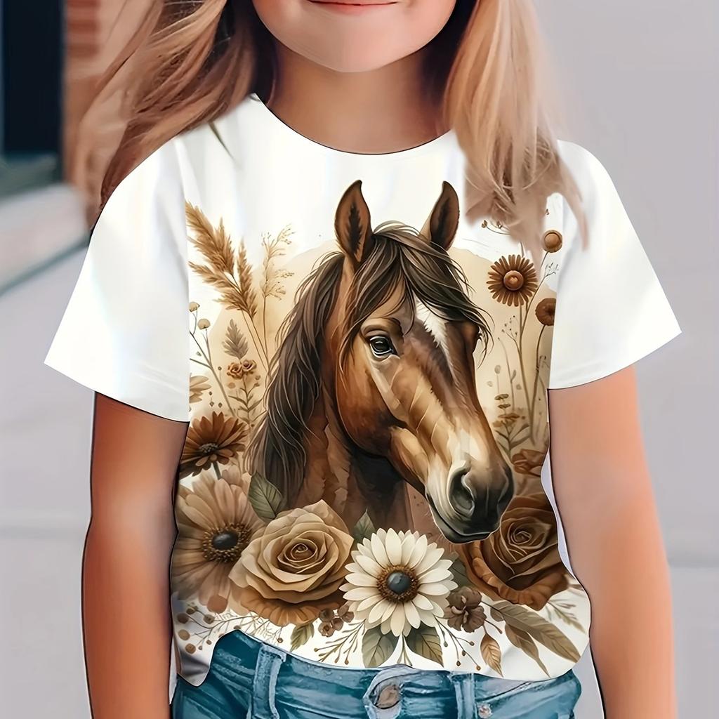 Children's Clothing Girl T-Shirt Short Sleeve Stylish 3D Horse Printed Kids Summer Clothes Casual Round Neck Girl Clothes Tops