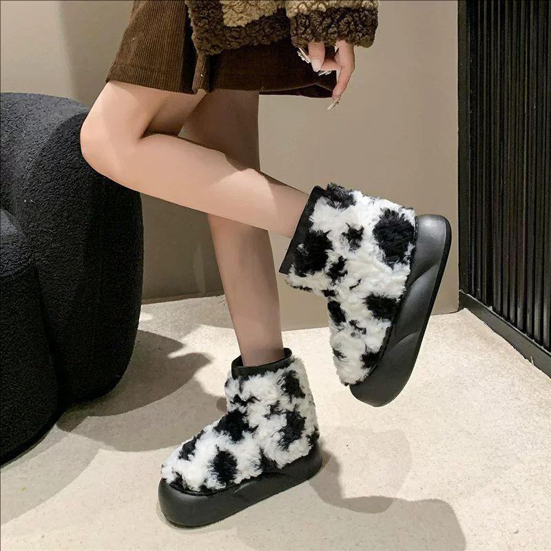 Fashion Luxury Winter Women Short Plush Warm Snow Boots Casual Shoes New Leopard Print Soft Cute Ankle Boots Flats Platform Ladies Shoes
