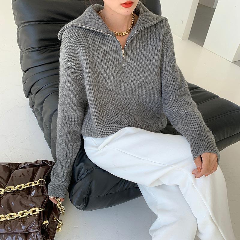 Women's Knitted Sweater Lapel Zipper Sweater Women's Autumn and Winter Loose Lazy Wind Outer Pullover